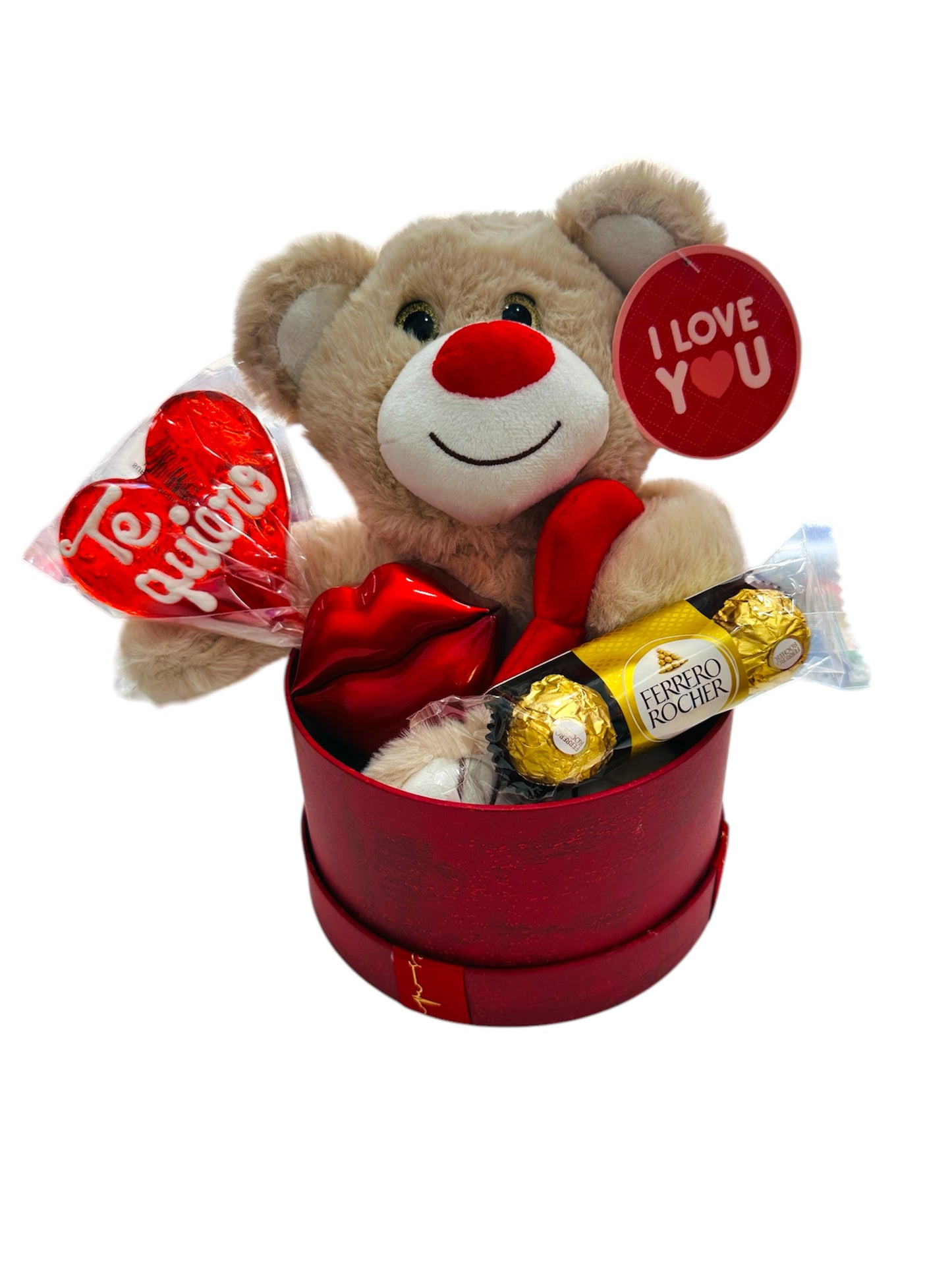 Caja dulce con oso de peluche 32 cm y perfume de bolsillo en forma de labio