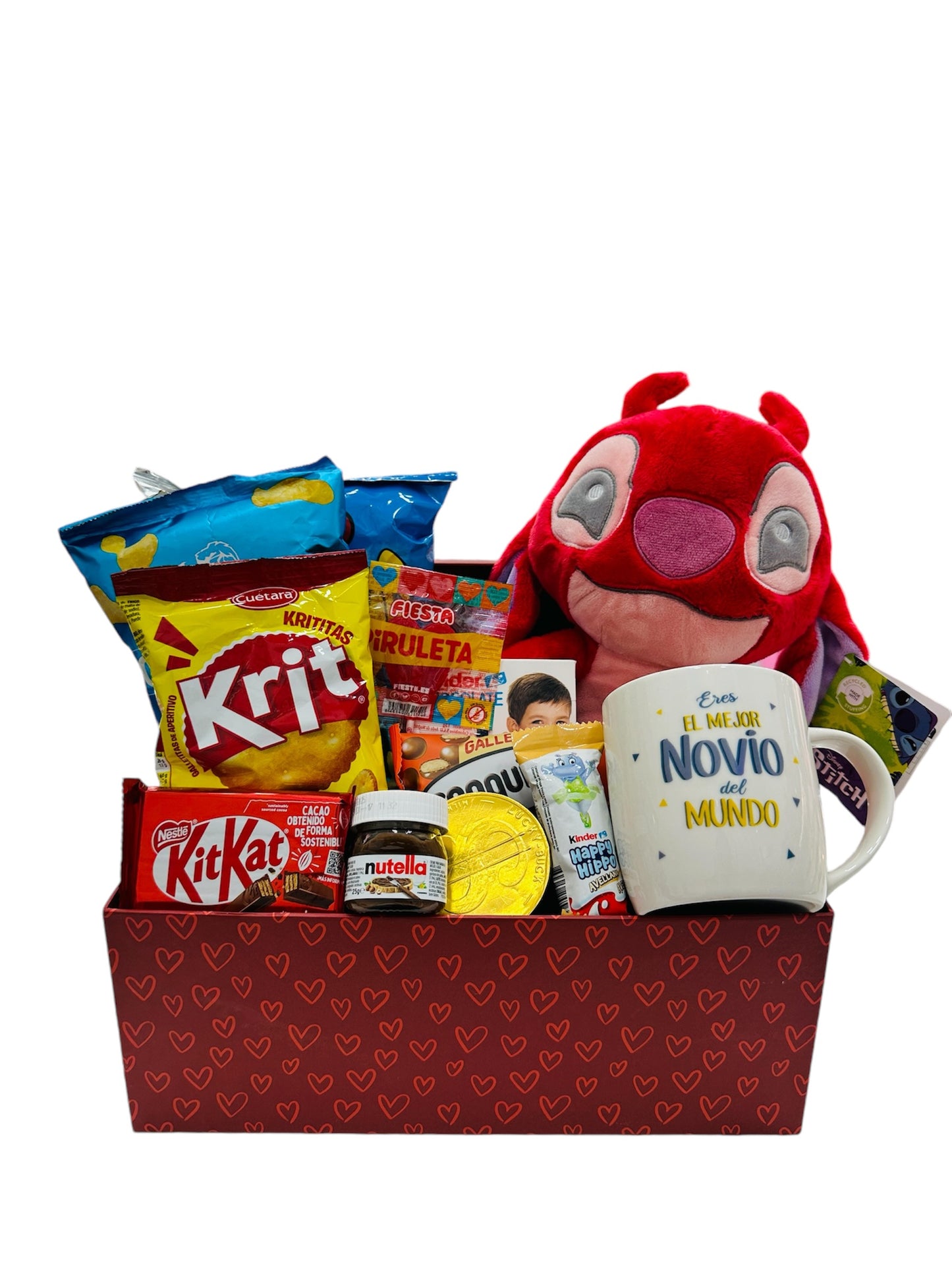 Caja dulce con taza de eres el mejor novio del mundo y Peluche Leroy Kawaii 23cm - Lilo & Stitch - Alta Calidad original 100%