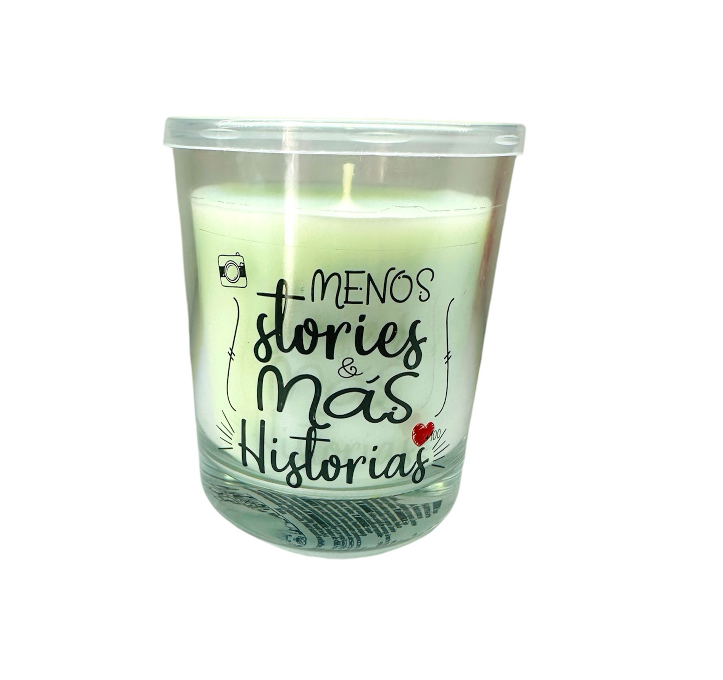 Vela aromática en vaso con mensaje « menos stories y mas historias»