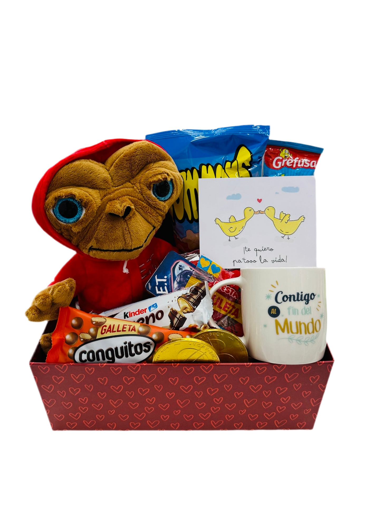 Caja dulce con taza - contigo al fin del mundo - y Peluche E.T el extraterrestre super soft 25 cm