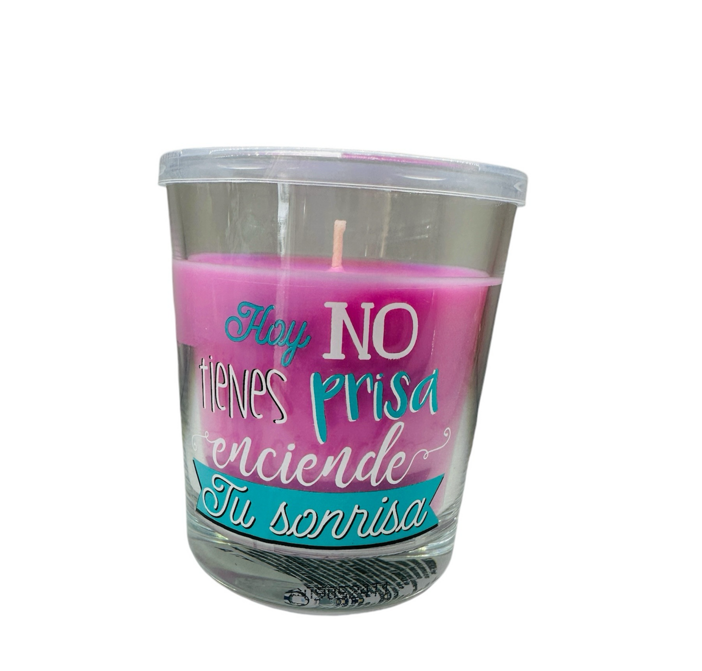 Vela aromática en vaso con mensaje « hoy no hay prisa enciende tu sonrisa»