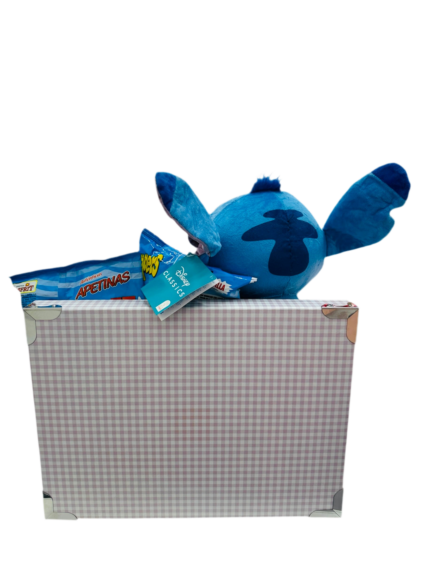 Caja dulce con Peluche Stitch Azul Con Sonido - Calidad Super Soft y taza de stich 3D 375ml