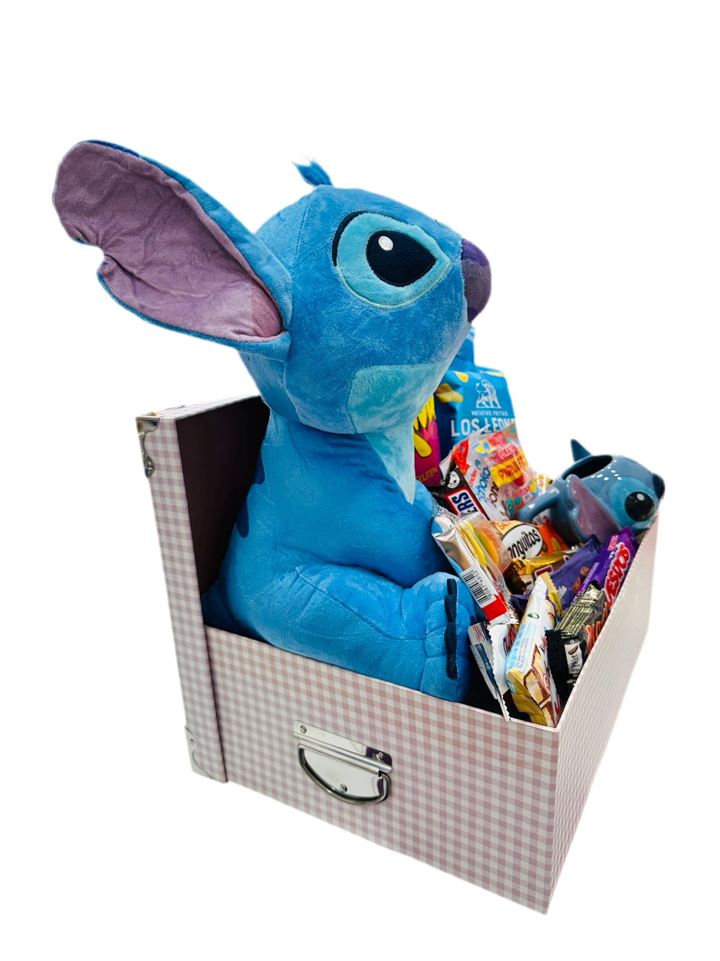 Caja dulce con Peluche Stitch Azul Con Sonido - Calidad Super Soft y taza de stich 3D 375ml