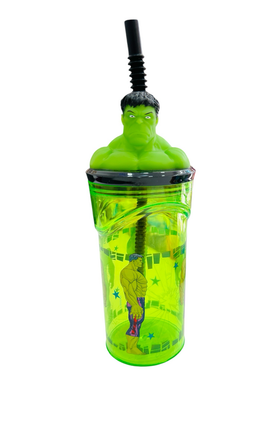 Vaso con pajita y cabeza en 3D de Hulk