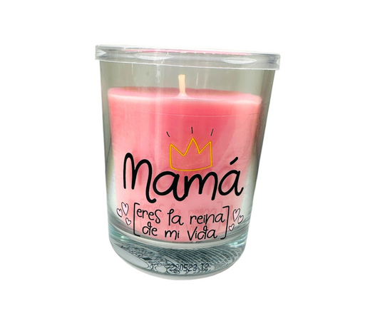 Vela aromática en vaso con mensaje « mamá eres la reina de mi vida»