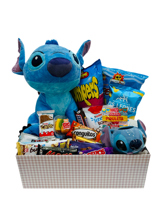 Caja dulce con Peluche Stitch Azul Con Sonido - Calidad Super Soft y taza de stich 3D 375ml