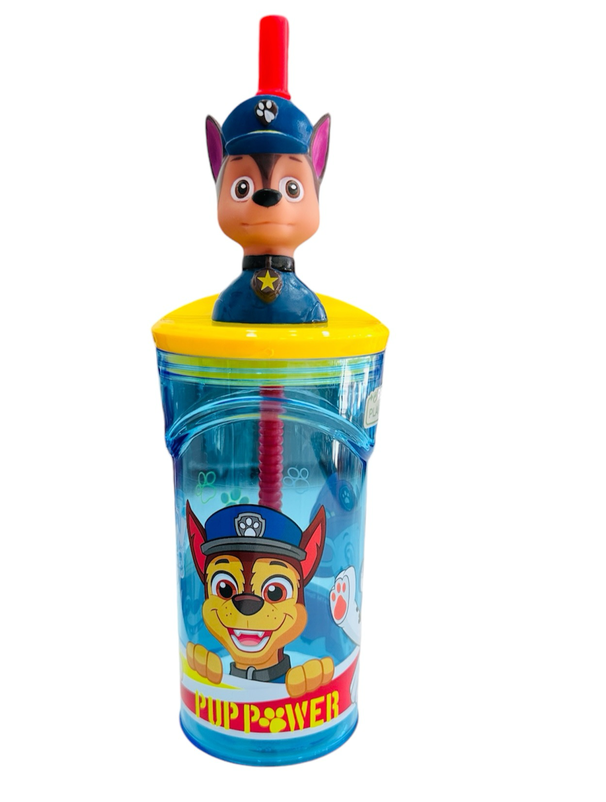 Vaso con pajita y cabeza 3D de Chase y la patrulla canina