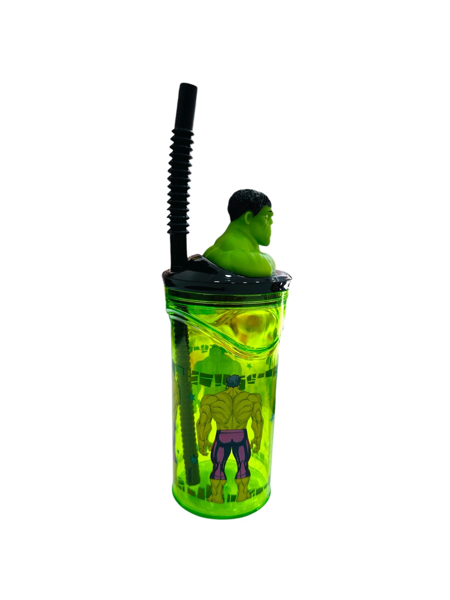 Vaso con pajita y cabeza en 3D de Hulk