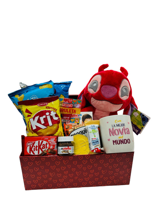 Caja dulce con taza de eres la mejor novia del mundo y Peluche Leroy Kawaii 23cm - Lilo & Stitch - Alta Calidad original 100%