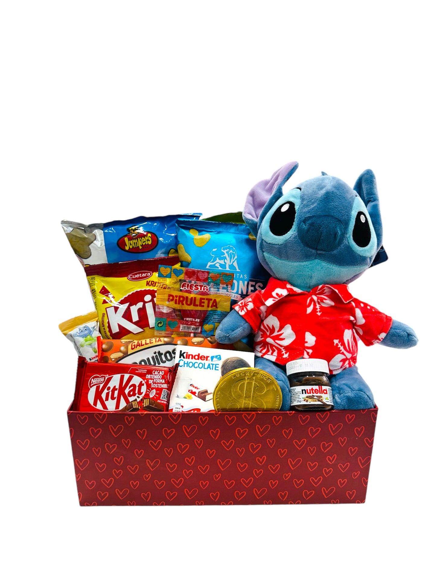 Caja dulce con Peluche Stich Hawaiano 28 cm - Lilo & Stitch - Alta Calidad original 100% y vela aromática con mensaje