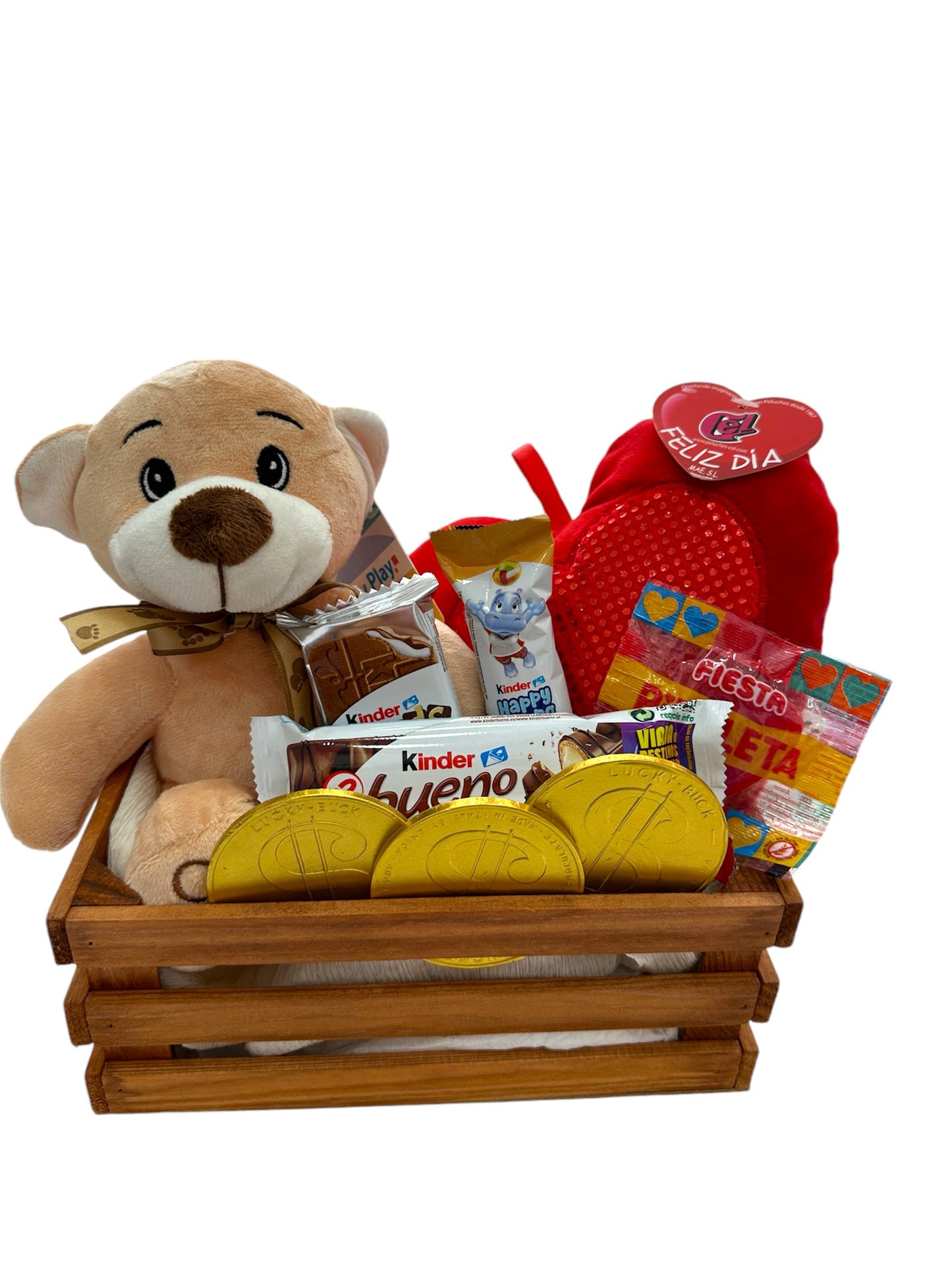 Caja de madera dulce con Peluche de oso super soft y Peluche corazòn super soft con brillos