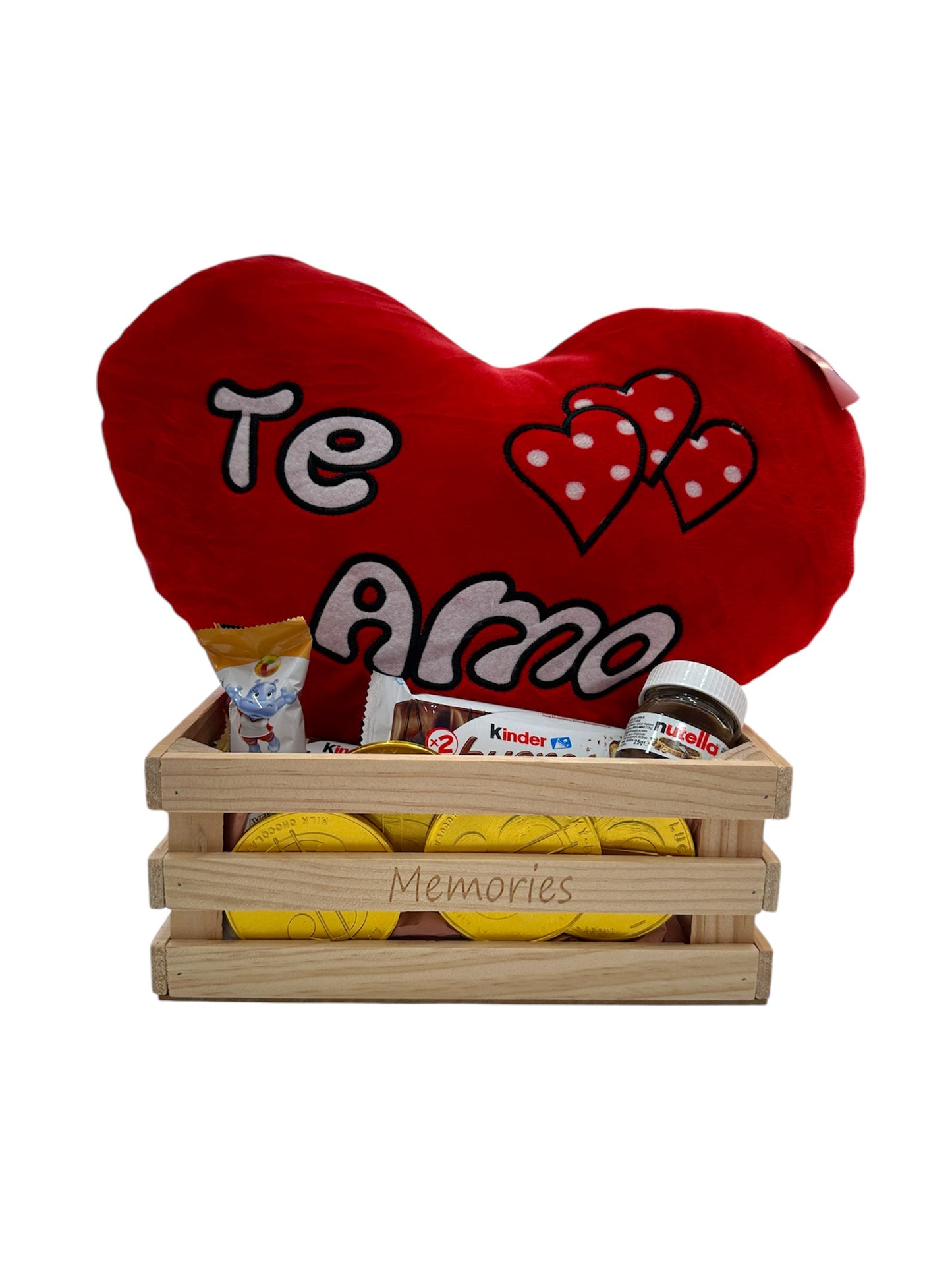 Caja de madera con Peluche de corazòn Te Amo 40 cm super soft