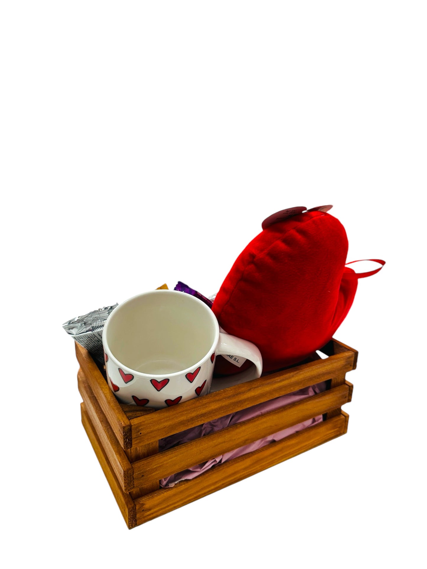 Caja de madera con Peluche corazón super soft y taza de cerámica de corazones