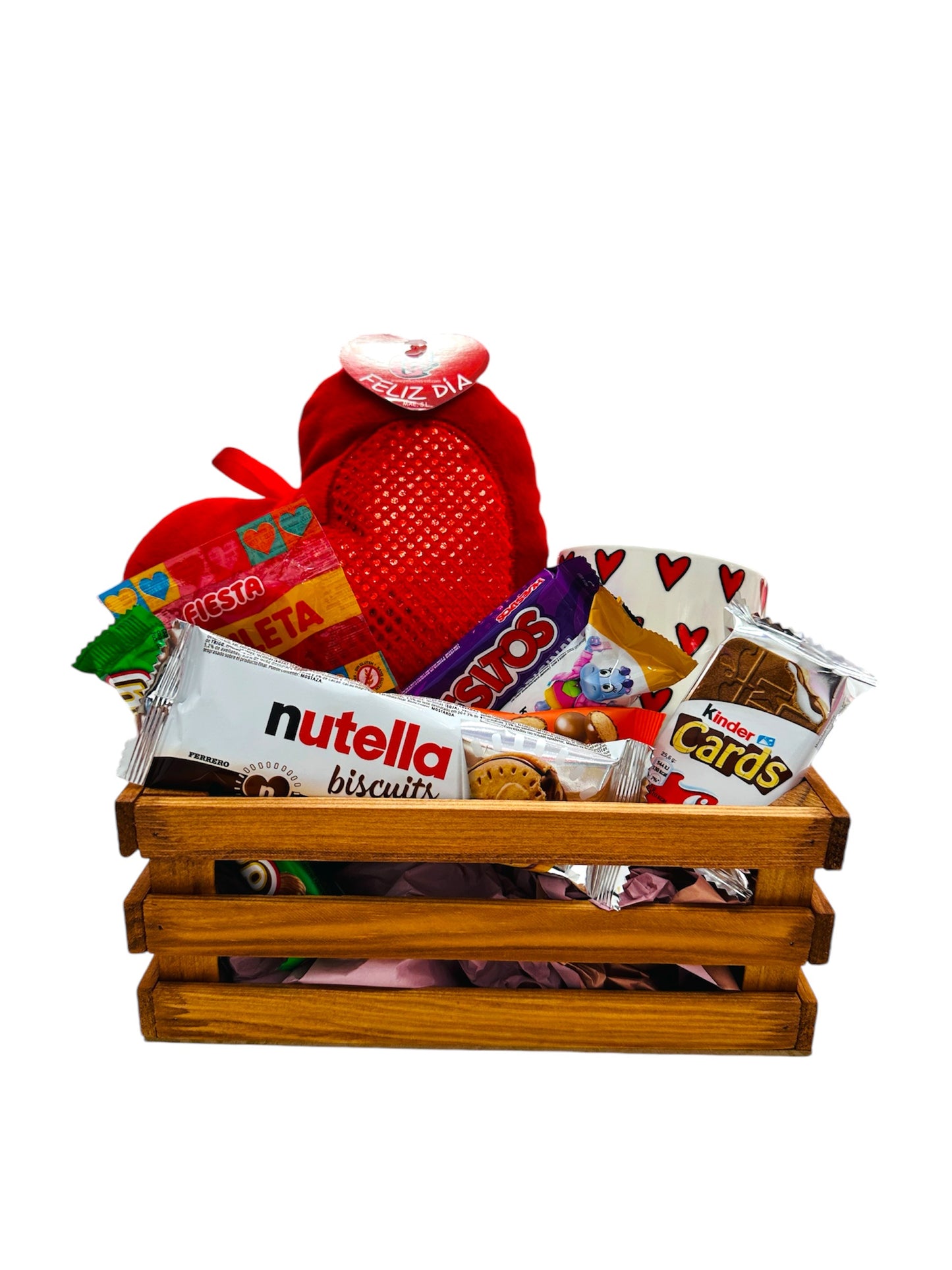 Caja de madera con Peluche corazón super soft y taza de cerámica de corazones